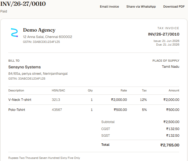 A paid GST tax invoice in the Sensyno accounting software, showing line items with HSN codes, the CGST and SGST split, and the total in rupees.